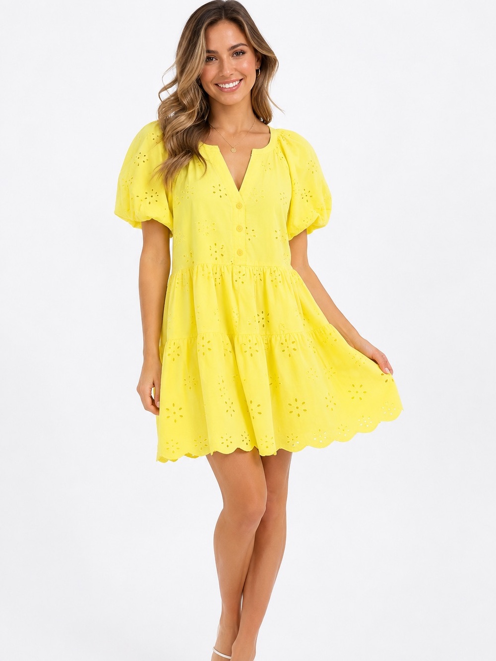 PEYTON‎ & PARKER Yellow Eyelet Mini Dress XS Puffed Sleeve Cotton Babydoll Dress